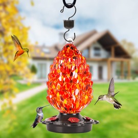 LUJII Pine Cone Shaped Hand Blown Glass Hummingbird Feeder for Outdoors Hanging, Rust Proof & Leak Proof, 25 fl.oz, Unique Gift for Bird Lover, Garden & Backyard Decor, Red