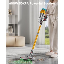 Cordless Vacuum Cleaner, 600W/50KPA, Max 70 Mins Runtime, Self-Standing Vacuum Cleaners for Home, Anti-Tangle Stick Vacuum, Smart Display Vacuum Cordless with 1.8L Cup for Pet Hair/Carpet (Gold)