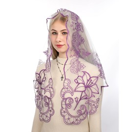 Bozidol Mantilla Veils for Church Catholic, White Gold Cross and Lily Embroidered Lace Chapel Veil, Christian Prayer Scarf Latin Mass Head Coverings for Women Lent