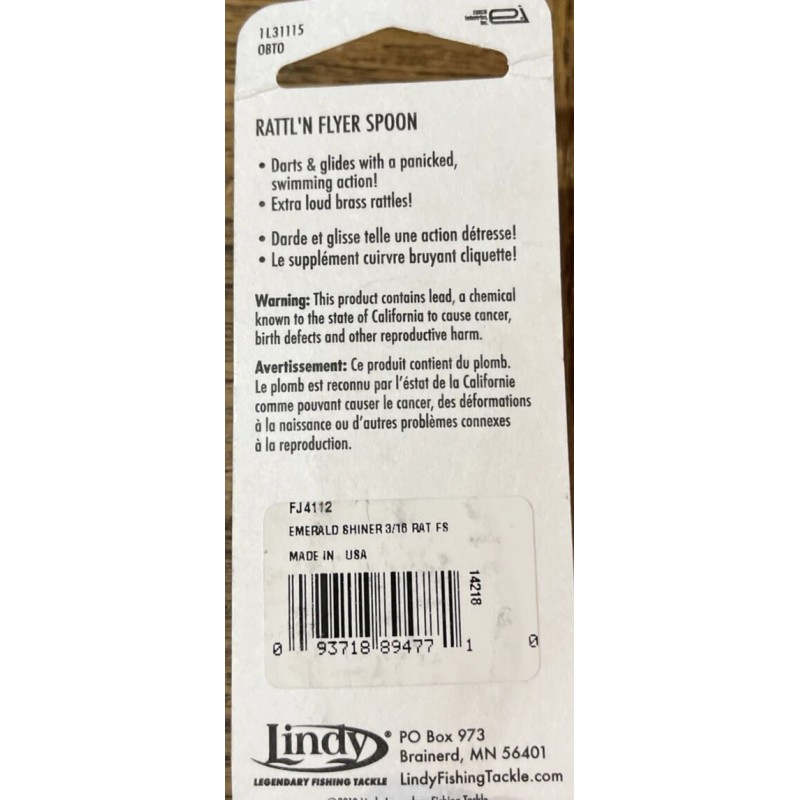 Lindy FJ4112 Emerald Shiner Rattl’n Flyer Spoon Hook Size 3/16-New-SHIPS
