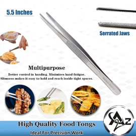 5.5 Inch Professional Culinary Stainless Steel Precision Tongs with Serrated Tips, Plating/Food Presentation Detailing Serving Tongs, Chef's Kitchen Tweezer Tongs - Ultra Non-Slip Grip