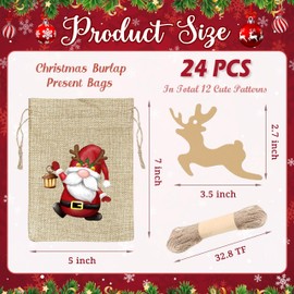 BORAMDO Christmas Burlap Gift Bags with Drawstrings 24Pcs, Watercolor 12 Designs Christmas Gnomes Linen Wrapping Bags, Small Christmas Treat Candy Bags for Holiday Party Favor Supplies…