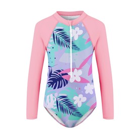 Zando Long Sleeve 1 Piece Rash Guard Swimsuit for Teen Girls Kids Pink Grass Size 12-13 Years - UPF50+ Zipper with Padding Surfing Swimwear for Summer Beach Sport Wear Rashguard Swim Suit