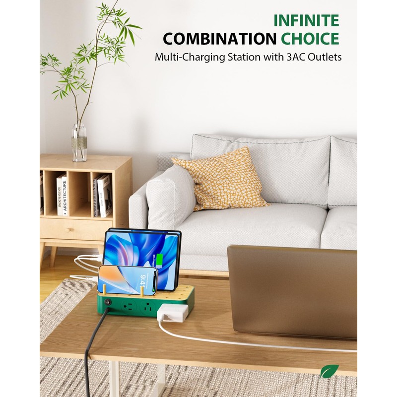 VisionSync Bamboo USB-C Charging Station for Multiple Devices,60W 6 Port