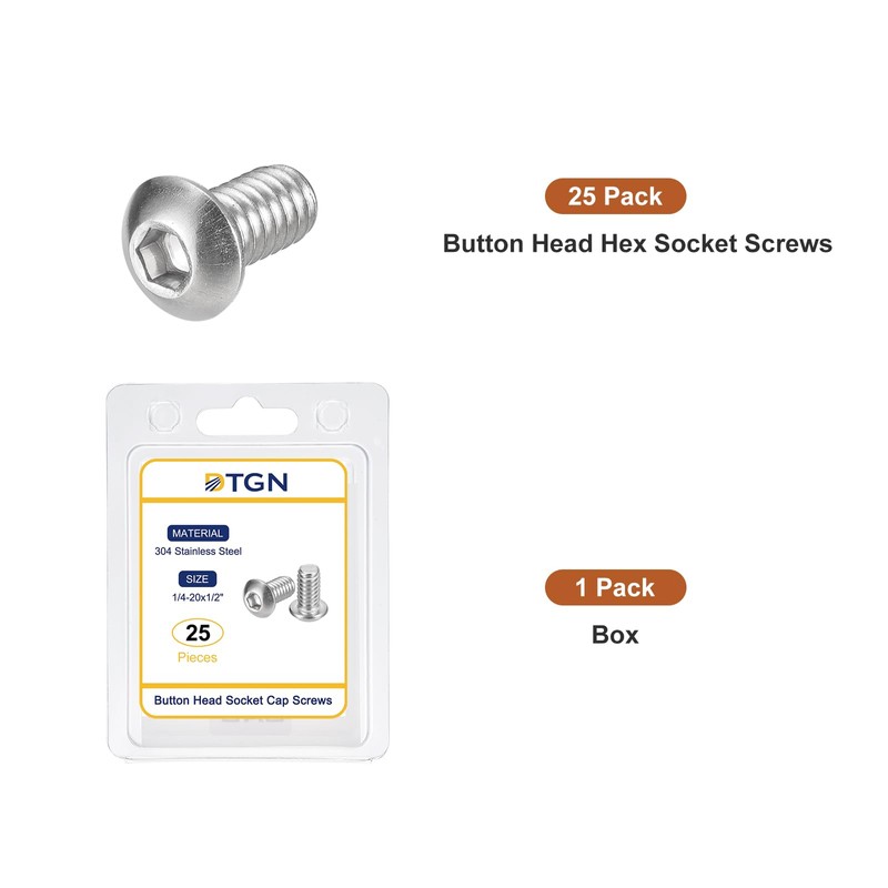 DTGN 1/4-20x1/2" Button Head Socket Cap Screws - 25Pack -