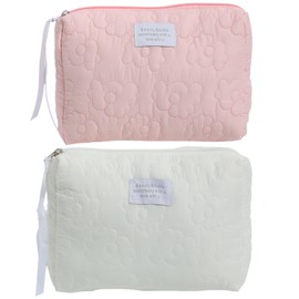 MHDGG 2 Pieces Makeup Bag Large Cosmetic Bag Capacity Travel Makeup Bag Organizer Cute Makeup Brushes Aesthetic Accessories Storage Bag for Women,White Pink