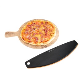 Restaurantware Nature Tek 15.8 x 4.5 Inch Rocking Pizza Cutter 1 Durable Pizza Blade - Dishwashable Lightweight Black Wood Rocker Knife Hanging Hole No Slip Design