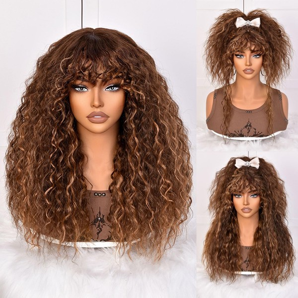 Lizzy Brown Highlight Curly Wig with Fringe for Black Women,