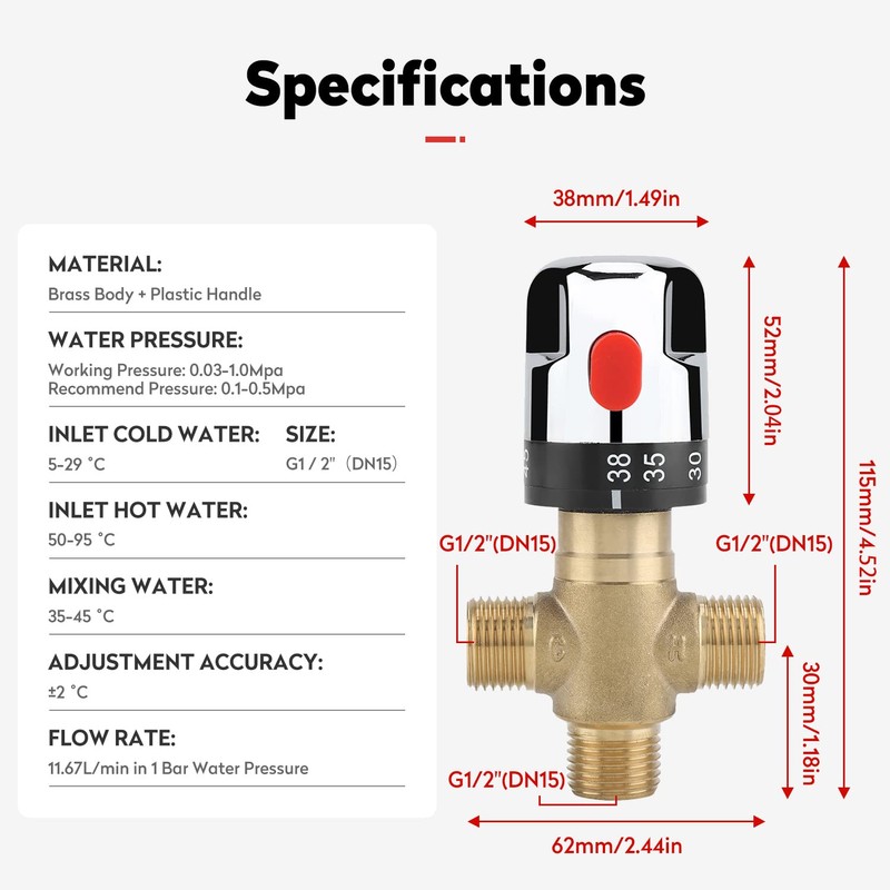 G1 / 2“（DN15） Thermostatic Mixing Valve,Hot Cold Water Brass Adjustable