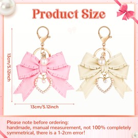 Neptniopllab 2PCS Bow Keychain Beige+Pink Ruffle Bow Keychain Heart Pearl Keychain Bowknot Wristlet Keyring for Women,Purse Charms, Beige+pink, 2Pcs