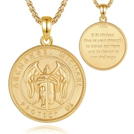 INFUSEU Archangel Michel Necklace, Saint Elliptical 18K Gold Pendant Silver Sterling 925 for Man With Warrior Anger Michael Saint Michael Medal for Men Women