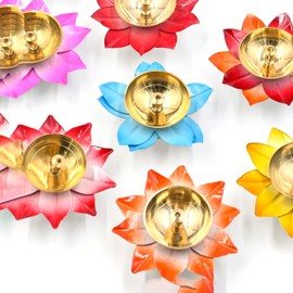 Assorted Multicolor Lotus Diya for Pooja Decorative Oil Brass Lamp for Temple Diwali Home Décor Return Gifts (5)