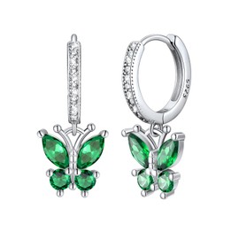 925 Sterling Silver Butterfly Earrings - Emerald Hoop Earrings with Charms Butterfly May Birthstone Green Butterfly Dangle Earrings for Women
