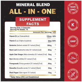 Organic Cadane Berberine Supplement 150 Capsules, with Neem Leaf, Apple Cider Vinegar, VIT D3, E & More - Berberine Extract 35:1- Support for Immune System, Digestion & Overall Health