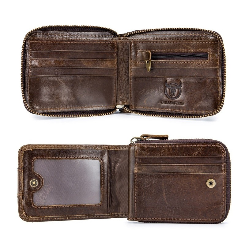 Genuine Leather Men Wallet Zipper RFID Blocking Vintage Bifold Wallets