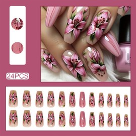 24Pcs Flower Press on Nails Medium Length Coffin Fake Nails Pink Floral Stick on Nails Spring False Nails Glossy Full Cover Glue on Nails Nude Pink Acrylic Artificial Nails Kit for Women Girls