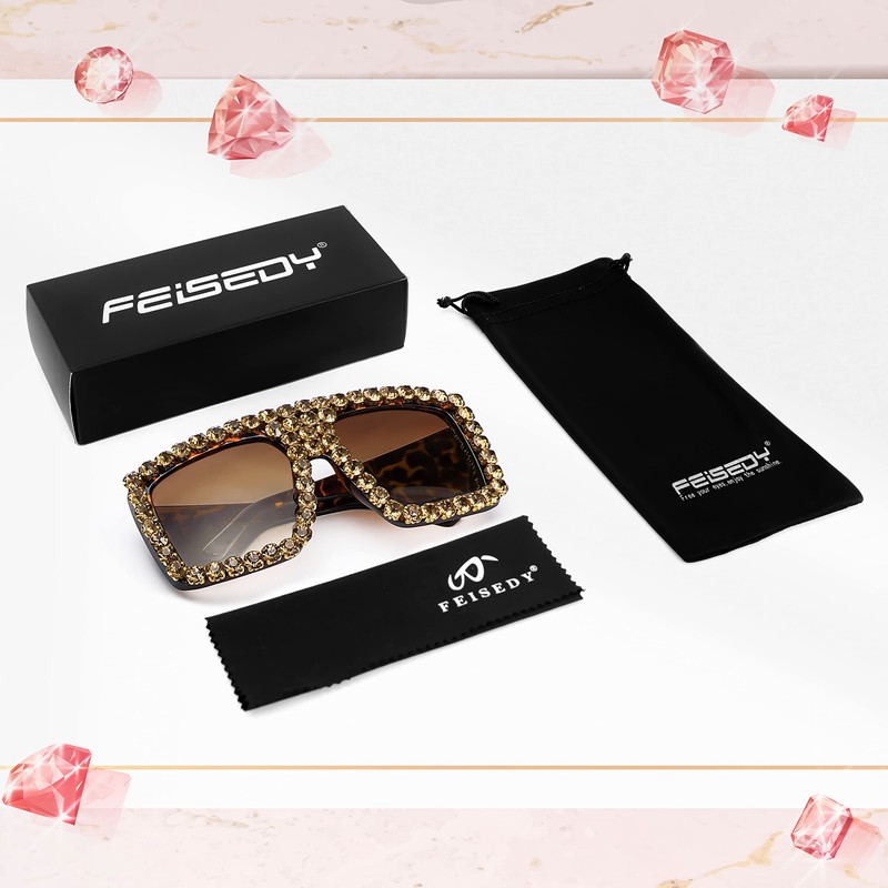 FEISEDY Oversized Square Sunglasses for Women with Sparkling Rhinestone Thick