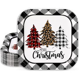 Whaline 40Pcs Merry Christmas Paper Plate Square Plaid Xmas Tree Disposable Plate White Black Checkered Dinnerware Plate 9 Inch For Winter Party Supplies Table Decor