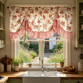 Country Rose Floral Valance Curtain Tie Up Gingham Ruffled Swag Rod Pocket