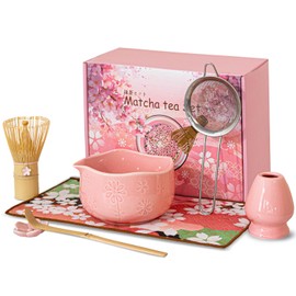 Matcha Set, Matcha Whisk Set Includes 15.2oz Matcha Bowl with Spout,Matcha Whisk,Chasen Holder, Scoop, Sifter, Towel - 7 Pcs Pink Glaze Ceramic Matcha Kit for Matcha Lover