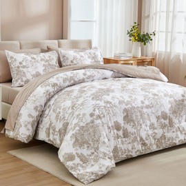 DJY Khaki Comforter Set King, 7 Pieces Bed in a Bag King Size Botanical Comforters with Sheets Elegant Plants Print Soft Microfiber Reversible Complete Bedding Sets for All Season