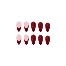 SINHOT Almond Press on Nails Medium Fake Nails Glossy Glue on Nails Wine Red Cat Eye Acrylic Nails Burgundy Glitter Stiletto Artificial Nails French Tip False Nails with Design 24 pcs