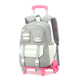 ETAISHOW Cat Print Rolling Backpack for Girls Kids Backpack with Wheels Roller Bookbag Trolley School Bag Wheeled Bag Green