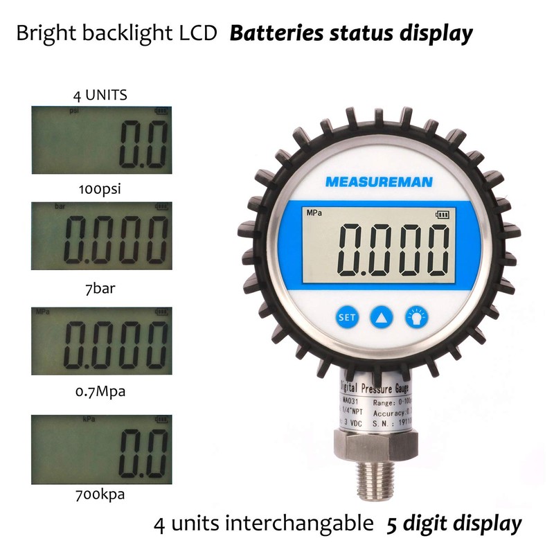 MEASUREMAN 3-1/8" Dial Size, Digital Pressure Gauge, 0-100psi/bar/Mpa/Kpa, 1/4"NPT Lower