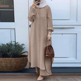 ODIZLI Plus Size Muslim Dress for Women Kaftan Abayas Dubai Prayer Dress Eid Outfits for Women with Pants Ethnic Shirts Dress for Women Islamic Eid Ramadan Abaya Dress for Women Dubai Khaki S