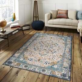 Rineflo-4'x6' Area Rugs,Machine Washable Rug for Living Room Dinner Room Bedroom,Bohemian Style Soft Non Slip Rug Carpet,Oriental Vintage Low Pile Large Area Rug (Blue, 4'x6')