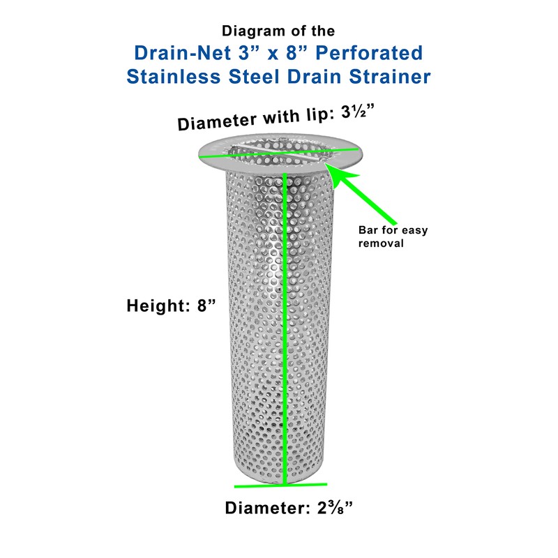3" Commercial Floor Drain Strainer, 8" Tall, Perforated Stainless Steel