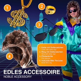 GOODS+GADGETS 6 in 1 80s Outfit Mullet Complete Set Proll Costume with Unisex Neon Tracksuit, Assi Wig, Bling Bling Ring, Gold Chain and Pilot Sunglasses - for Fancy Dress and Carnival