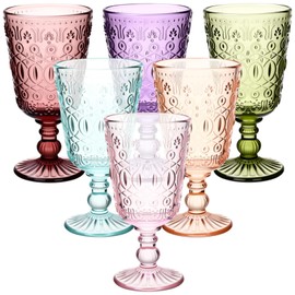 Eaasty Wine Glasses Set of 6 Vintage Goblet 9 oz Vintage Colored Glass Goblet Beverage Stemmed Glass Cups Romantic Embossed Glassware for Wedding Party Holidays Anniversary (Multi Colors)