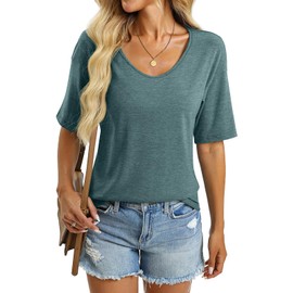 EasyGala Women's V Neck Tops Elbow Length Shirts Loose Fit Summer Tops Basic Tees 2024 (Half Sleeve) A Teal Medium