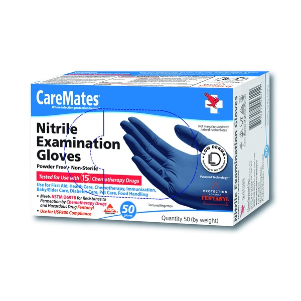 CareMates Nitrile Medical Exam Gloves, Latex Free Rubber, Powder Free, Extra Strong, 4 Mil Thick, Certified for Home Infusion, First Aid, Food Safe, Cleaning Gloves, Medium, 50-Count