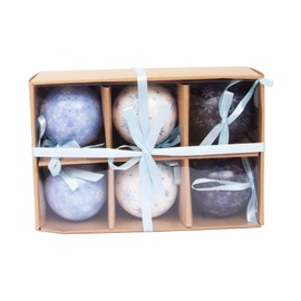 Ciao Set of 6 decoupage Christmas Tree Balls (Ø7,5cm) Snowflakes with fabric ribbon in havana giftbox