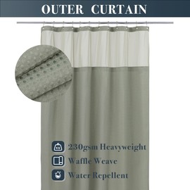 N&Y HOME Waffle Weave Shower Curtain with Snap-in Fabric Liner & Hooks Set - Hotel Style, Waterproof & Washable, Heavyweight Fabric & Mesh Top Window - 71x72, Sage Green