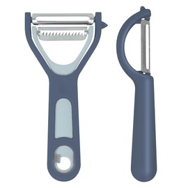 JS Gourmet 2 Pcs Swivel, Julienne Vegetable Peeler with Bottle Opener and Built-in Potato Eyer, Sharp Stainless Steel Blade, Manual Food Peelers for Cucumbers, Carrots, Potatoes - Blue