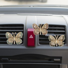 3PCS Bling Butterfly Car Dashboard Air Vent Trim Clips, Crystal Rhinestone Car Diffuser Air Conditioner Outlet Clip, Air Freshener Vent Clip Car Interior Decoration Clip for Women (Purple/Green/Blue)