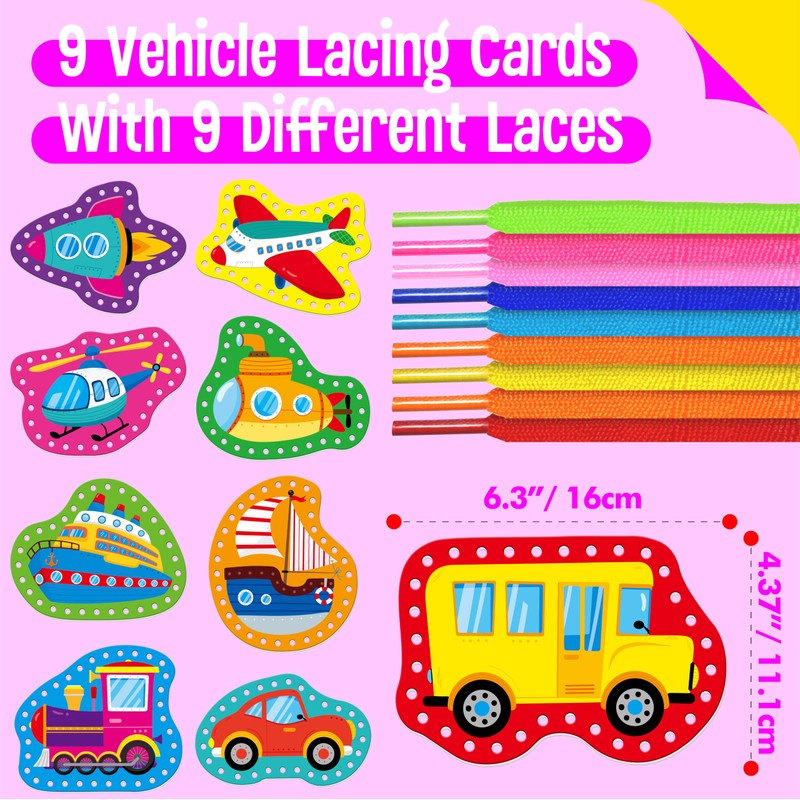 SpriteGru 9 Pieces Kids Lacing Cards, Double Sided Vehicle Sewing