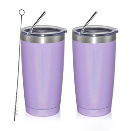 MEWAY - Vaso de 20 oz, 2 unidades, de doble pared, con aislamiento al vacío, de viaje, con purpurina, a granel, vasos de acero inoxidable con tapa y pajita, tazas de café recubiertas de polvo (Rainbow Purple, juego de 2)