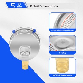 MEASUREMAN PRO 2.5'' Glycerin Filled Pressure Gauge, 0-300psi/kpa, 304 Stainless Steel Case, 1/4" NPT Lower Mount,for Regulator, Air Compressor, Water System, HVAC, Hydraulic Test