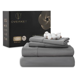 Overket 100% Egyptian Cotton Sheets Cal King Sheet Set 1000 Thread Count Sateen Weave Soft Breathable 16-Inch Deep Pocket 4PCS（California King,Dark Grey）