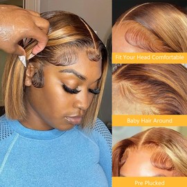 Royal Lady Highlight Bob Wig Human Hair 4/27 Honey Blonde 13x4 HD Lace Front Wigs Human Hair Pre Plucked with Baby Hair 180% Density Glueless Ombre Colored Straight Short Bob Wigs for Women 10 Inch