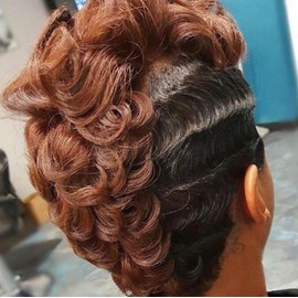 Pelucas cortas rizadas para mujeres negras Pelucas cortas estilo pixie con flequillo rizado (-xp9512Z)