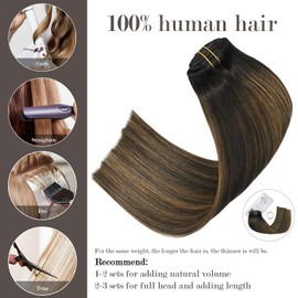Honsoo Clip In Hair Extensions Real Human Hair Dark Brown to Chestnut Brown 70g 7pcs 12inch Short Remy Human Hair No Tangles