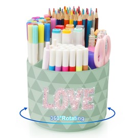 Nuozme Bling Desk Organizer, Glitter Love Rhinestone Rotating Pencil Pen Holders For Desk,Diamond-Patterned Pen Organizer With 5 Compartments,Stylish Desk Accessories For Office School Home (Green)