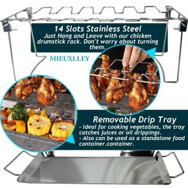 MIEUXLLEY Chicken Leg Rack, 14-Slot Stainless Steel Drumstick Holder with Removable Drip Tray, Ideal for Grill, Smoker, and BBQ