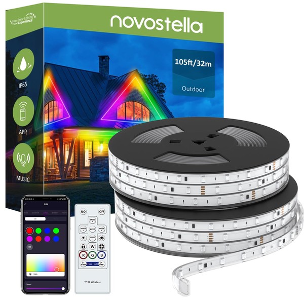 NOVOSTELLA Rope Lights Outdoor, RainbowColor WiFi 105 FT (52.5x2) Smart RGB IC Music Sync LED Strip Light, Color Changing Tape Exterior RGB Lighting Kit, for Garden Decorative Party, 24V IP65