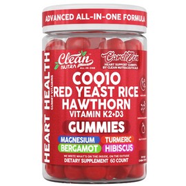 Clean Nutra CoQ10 Gummies Red Yeast Rice Hawthorn K2 Vitamin Supplement Magnesium Glycinate Turmeric Citrus Bergamot Hibiscus VIT D K Fenugreek Garlic Supplements Heart Support Gummy 60ct